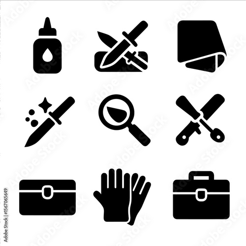 Bayonet Maintenance Icons. Solid, filled icon set of bayonet maintenance: oil bottle, sharpening stone, cleaning cloth, rust