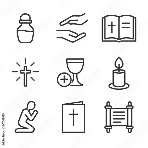 Healing Rituals Icons. Outline icon set of sacraments and rituals of healing: anointing oil vial, laying on hands silhouette,