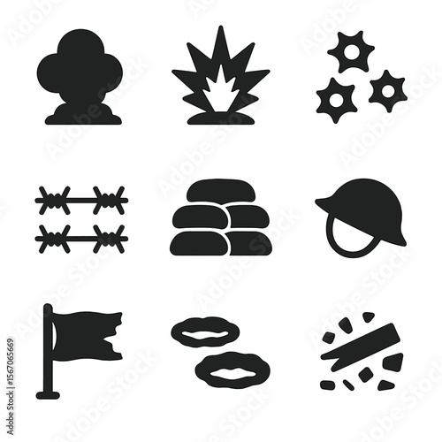 Battlefield Icon Set. Solid, filled icon set of battlefield atmosphere: smoke cloud, explosion, bullet holes, barbed wire,