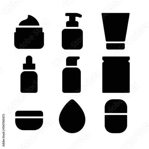 Beauty Product Icons. Solid, filled icon set of beauty product containers: cream jar, pump bottle, tube container, dropper bottle,