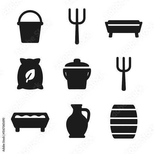 Barn Tools Icons. Solid, filled icon set of barn feeding tools: feed bucket, pitchfork, trough, grain sack, bucket with lid, hay