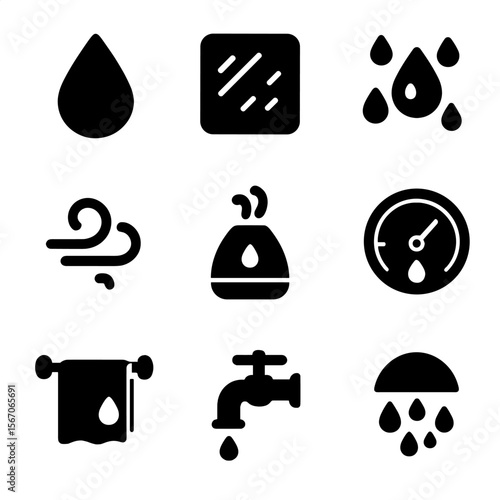 Bathroom Humidity Icons. Solid, filled icon set of common bathroom humidity indicators: water droplet, foggy mirror, condensation