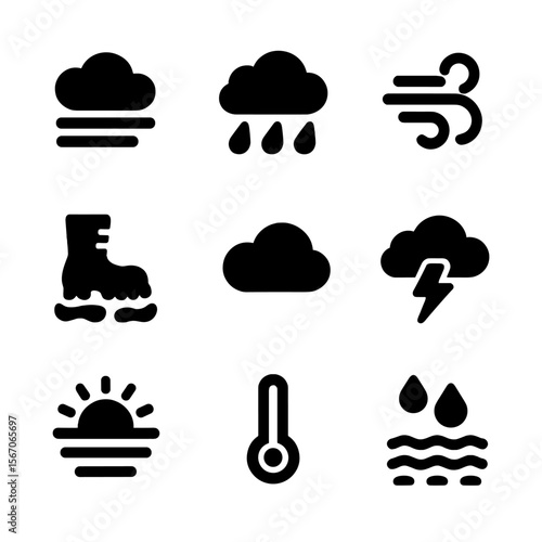 Battlefield Weather Icons. Solid, filled icon set of weather in battlefield: fog cloud, rain drops, wind gust, muddy boots, cloudy