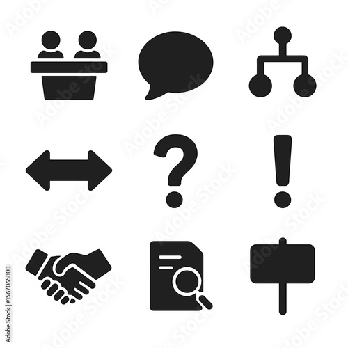 Argumentation Icons Grid. Solid, filled icons set of argumentation techniques: debate podium, speech bubble,