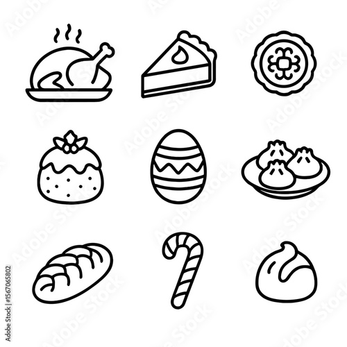 Holiday Foods Icons. Outline icon set of traditional holiday foods: roast turkey, pumpkin pie slice, mooncake, Christmas pudding,