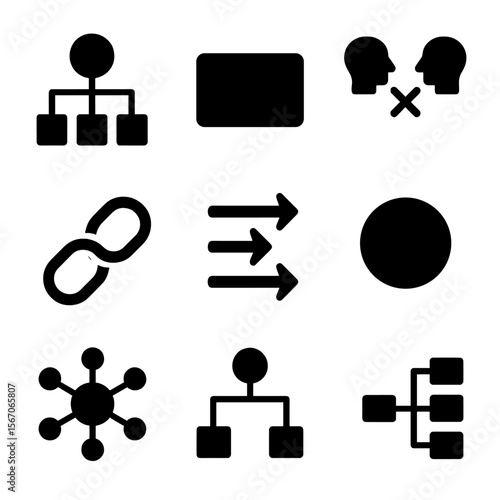 Argument Mapping Icons. Solid, filled icons set of argument mapping: argument tree, supporting claim box,