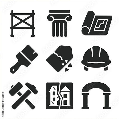 Architectural Restoration Icons. Solid, filled icons set of architectural restoration projects: scaffolding