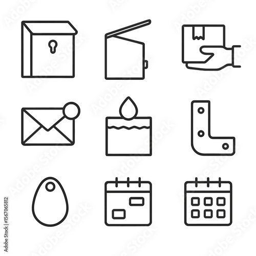 Home Delivery Icons. Outline icon set of home delivery drop box: wall-mounted box with flap, lock mechanism, package insertion