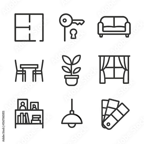 Home Design Icon Set. Outline icon set of shared home design elements: floor plan blueprint, key in lock, sofa and coffee table,