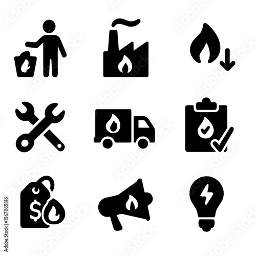 Bioenergy Challenges Icons. Solid, filled icon set of bioenergy production challenges: waste sorting, emission control, energy