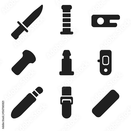 Bayonet Icon Set. Solid, filled icon set of bayonet components: blade, handle, guard, pommel, mounting lug, locking mechanism,