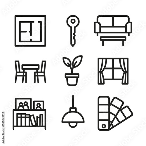 Home Design Icon Set. Outline icon set of shared home design elements: floor plan blueprint, key in lock, sofa and coffee table,