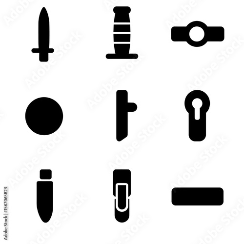 Bayonet Icon Set. Solid, filled icon set of bayonet components: blade, handle, guard, pommel, mounting lug, locking mechanism,