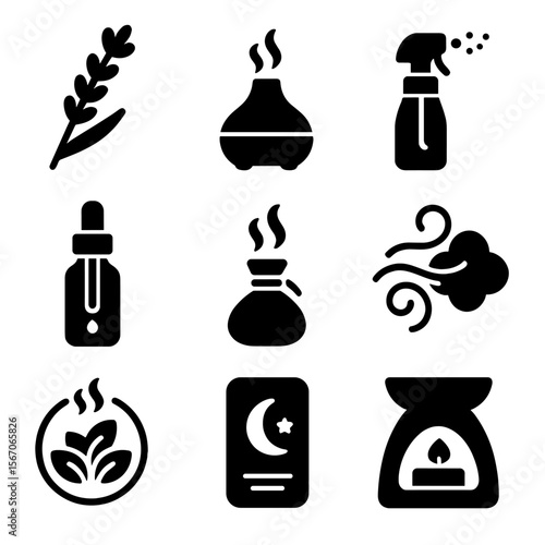 Aromatherapy Icon Set. Solid, filled icons set of aromatherapy for sleep: lavender sprig, oil diffuser, bottle