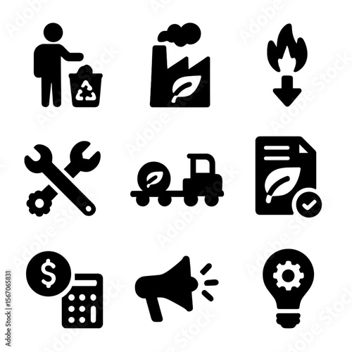 Bioenergy Challenges Icons. Solid, filled icon set of bioenergy production challenges: waste sorting, emission control, energy