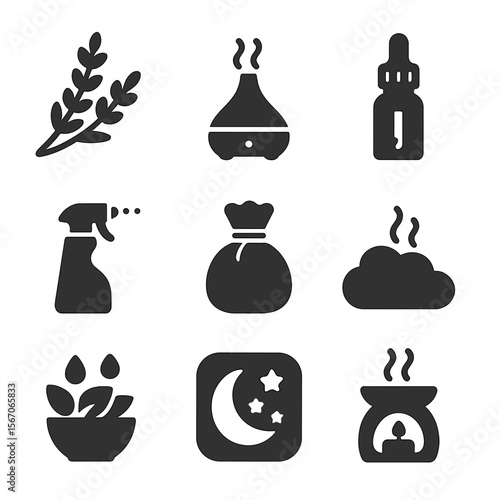 Aromatherapy Icon Set. Solid, filled icons set of aromatherapy for sleep: lavender sprig, oil diffuser, bottle