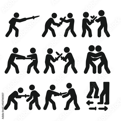 Bayonet Combat Icons. Solid, filled icon set of bayonet combat techniques: thrust strike, slash, parry, block, disarm, close
