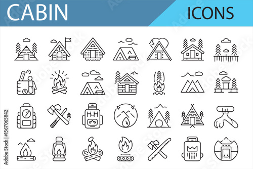 Illustrations of Outdoor Cabin, Trees, and Camping Icons for Nature Designs