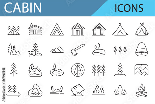 Collection of Camping and Cabin Icons for Travel, Hiking, and Wilderness Activities