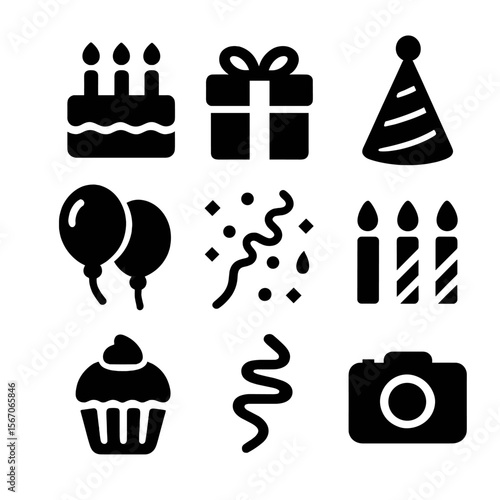 Birthday Party Icons. Solid, filled icon set of birthday parties: birthday cake, gift box, party hat, balloons, confetti, candles,
