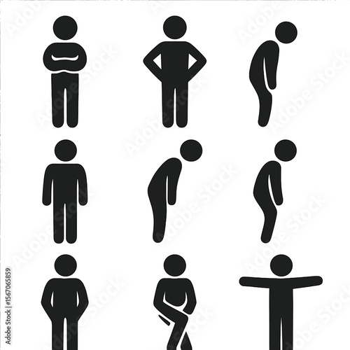 Black Body Postures Icons. Solid, filled icon set of body posture signals: arms crossed, hands on hips, slouching, upright stance,