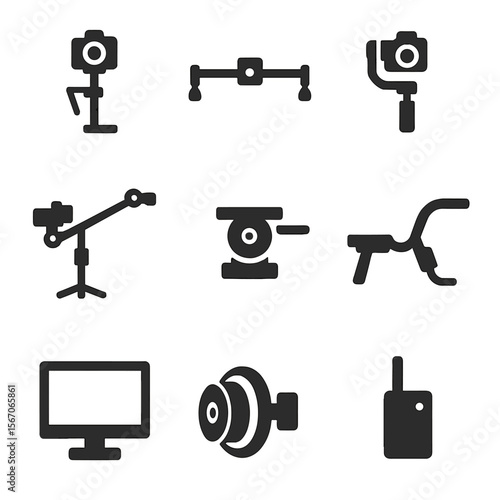 Camera Gear Icons. Solid, filled icon set of camera support gear: steadicam, slider, gimbal, jib arm, tripod head, shoulder rig,