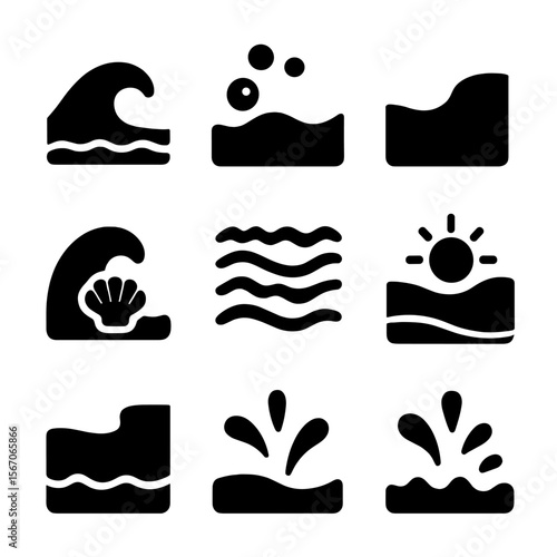 Beach Icon Set. Solid, filled icon set of beach and wave interaction: shore break, wet sand, foam bubbles, tide line, seashell in