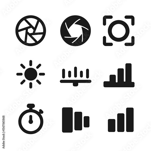 Camera Settings Icons. Solid, filled icon set of camera settings: aperture, shutter speed, ISO, focus ring, white balance,