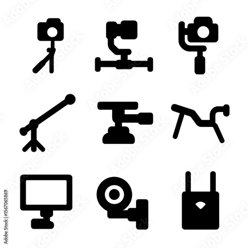 Camera Gear Icons. Solid, filled icon set of camera support gear: steadicam, slider, gimbal, jib arm, tripod head, shoulder rig,