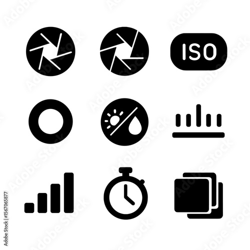 Camera Settings Icons. Solid, filled icon set of camera settings: aperture, shutter speed, ISO, focus ring, white balance,