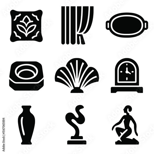 Art Deco Icon Set. Solid, filled icons set of Art Deco living room accents: patterned cushion, bold curtain,