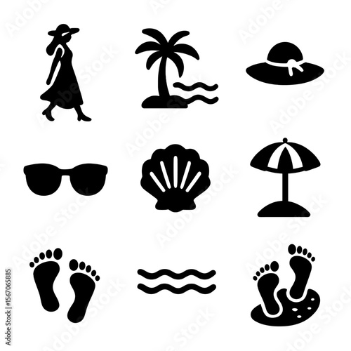 Beach Fashion Icons. Solid, filled icon set of fashion model walking on tropical beach: flowy dress, sandals, palm tree, ocean