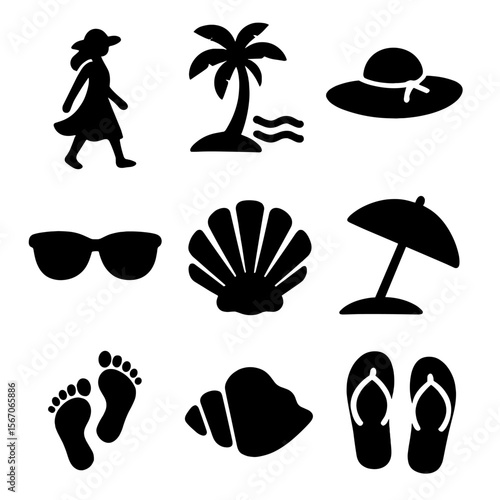 Beach Fashion Icons. Solid, filled icon set of fashion model walking on tropical beach: flowy dress, sandals, palm tree, ocean