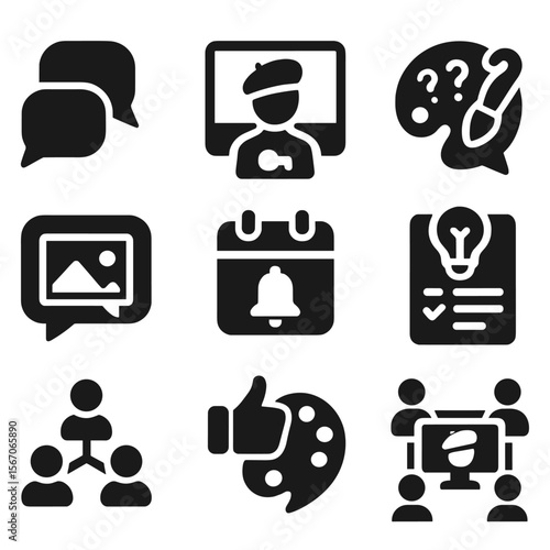 Art Community Icons. Solid, filled icons set of online art community engagement: forum icon, webinar screen,