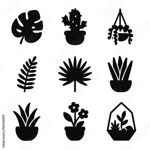 Black Boho Plant Icons. Solid, filled icon set of Boho plant collection: monstera leaf, cactus pot, hanging succulent, fern, palm