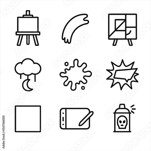 Iconic Art Movements. Outline icon set of landmark art movements and milestones: Renaissance painting easel, Impressionist
