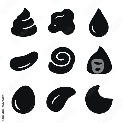 Beauty Product Textures. Solid, filled icon set of beauty product textures: whipped cream, gel texture, serum drop, balm smear,