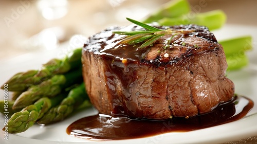 A white plate in an elegant dining setting holds a gourmet filet mignon steak, paired with asparagus, red wine sauce, and herb butter