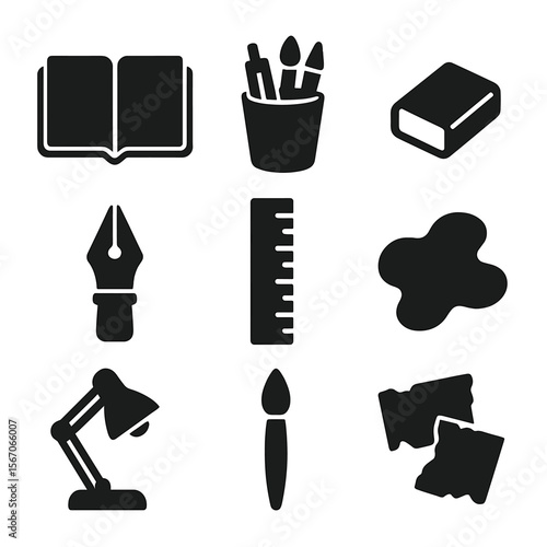 Art Desk Icons. Solid, filled icons set of artist’s desk with sketchbooks: open sketchbook, pencil cup, eraser