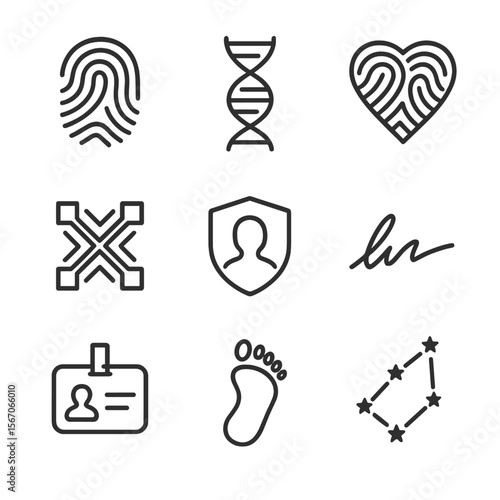 Identity Icon Set. Outline icon set of identity and individuality symbols: fingerprint pattern, DNA helix, fingerprint heart,