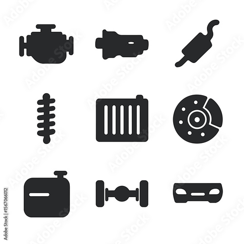 Car Parts Icons. Solid, filled icon set of car parts: engine, transmission, exhaust, suspension, radiator, brake disc, fuel tank,