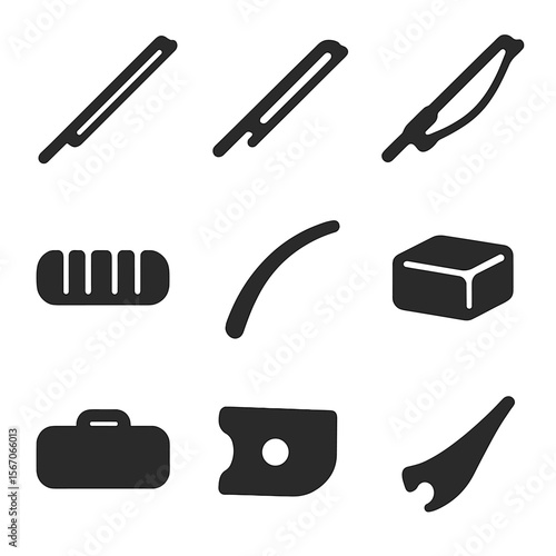 Black Musical Bow Icons. Solid, filled icon set of musical bows: violin bow, cello bow, bass bow, bow grip, bow hair, rosin, bow