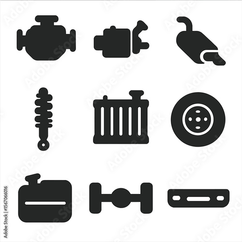 Car Parts Icons. Solid, filled icon set of car parts: engine, transmission, exhaust, suspension, radiator, brake disc, fuel tank,