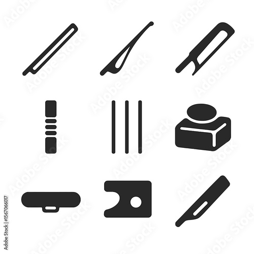 Black Musical Bow Icons. Solid, filled icon set of musical bows: violin bow, cello bow, bass bow, bow grip, bow hair, rosin, bow