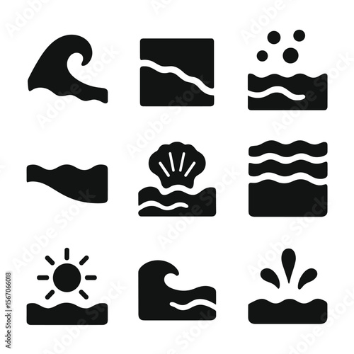 Beach Icon Set. Solid, filled icon set of beach and wave interaction: shore break, wet sand, foam bubbles, tide line, seashell in