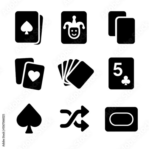 Card Games Icons. Solid, filled icon set of card-based games: deck of cards, joker, draw pile, discard pile, hand fan of cards,