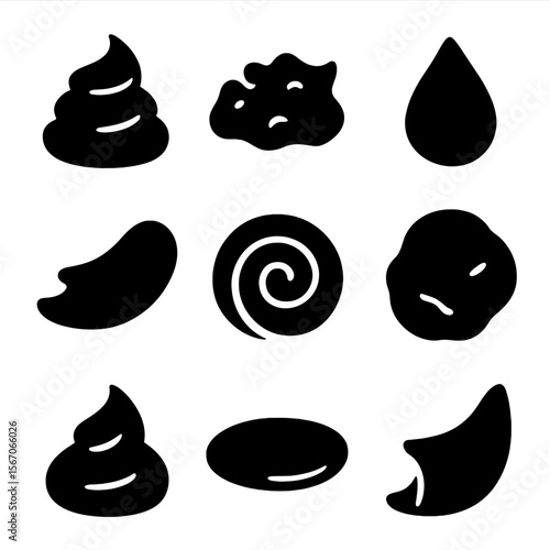Beauty Product Textures. Solid, filled icon set of beauty product textures: whipped cream, gel texture, serum drop, balm smear,