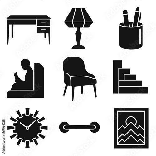 Art Deco Workspace Icons. Solid, filled icons set of Art Deco workspace décor: lacquered desk, geometric lamp,