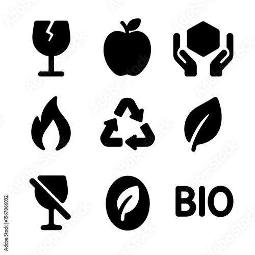 Black Packaging Icons. Solid, filled icon set of packaging label types: fragile icon, perishable label, handle with care, this