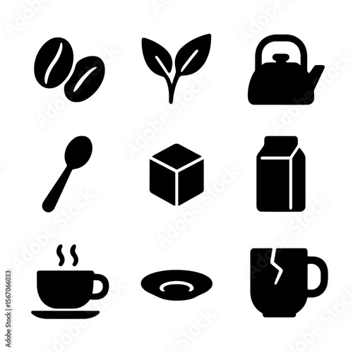 Beverage Icon Grid. Solid, filled icon set of beverage-related items: coffee beans, tea leaves, kettle, spoon, sugar cube, milk